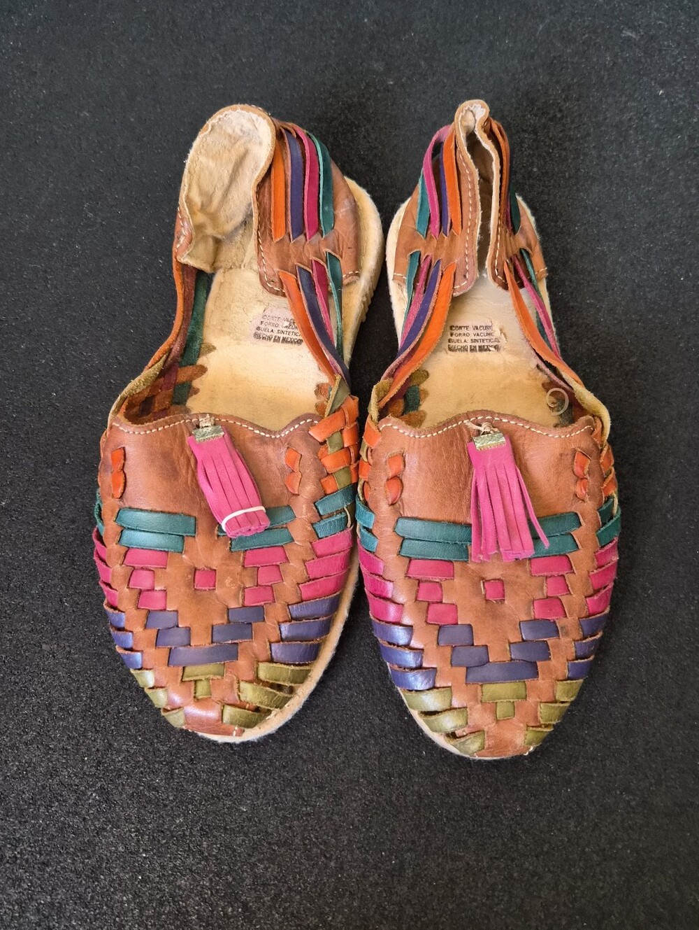 Woven Leather Huarache Flats with Multicolor Accents - Brown
